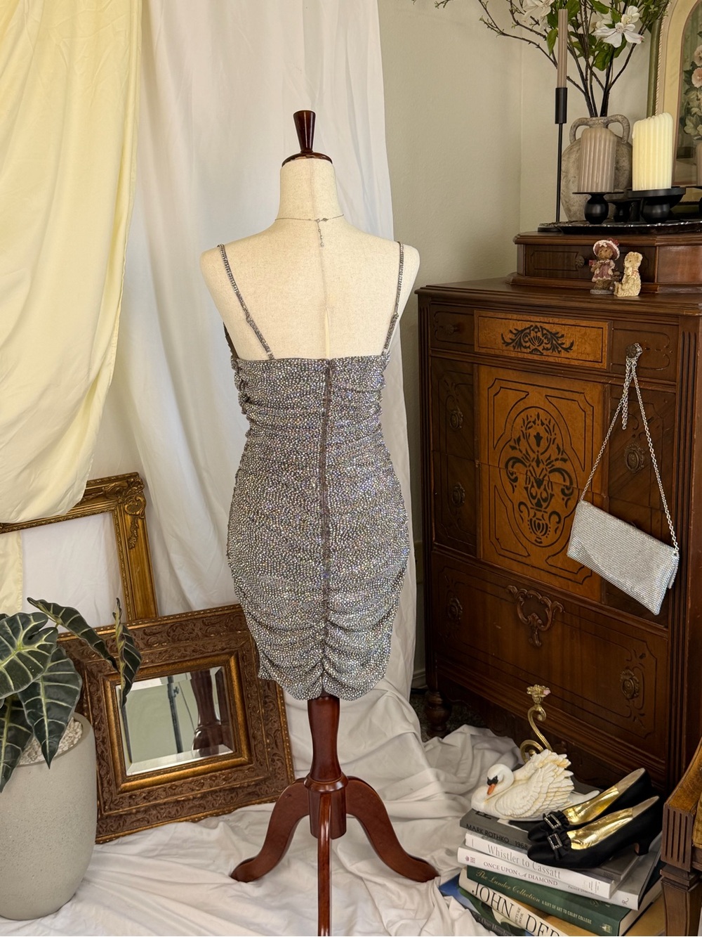 NWT AKIRA Silver Rhinestone Ruched Mini Dress - Picture 6 of 8